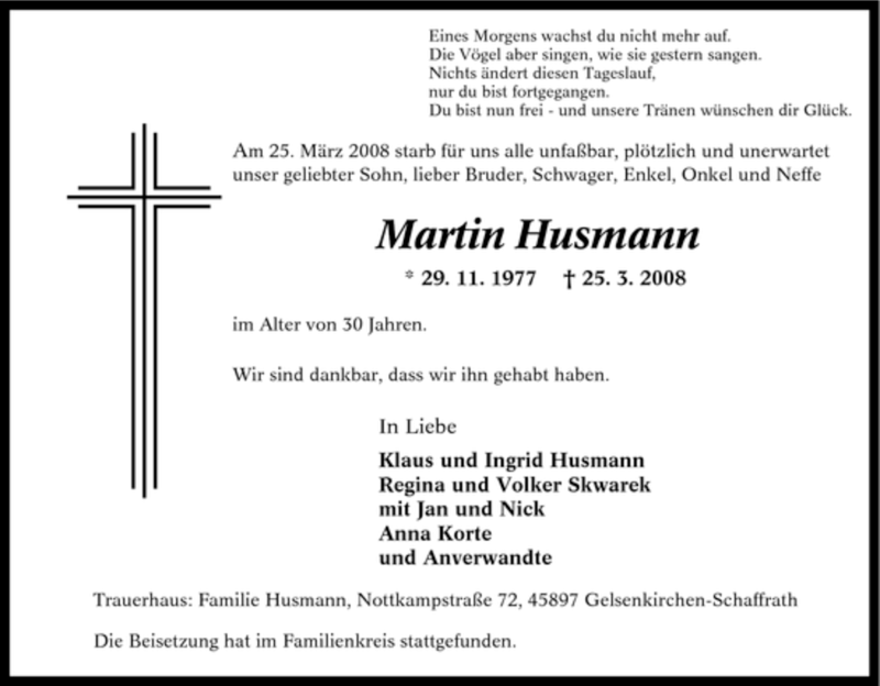  Traueranzeige für Martin Husmann vom 31.03.2008 aus Tageszeitung