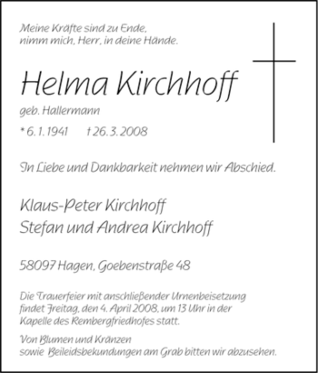 Traueranzeige von Helma Kirchhoff von Tageszeitung