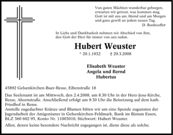 Traueranzeige von Hubert Weuster von Tageszeitung