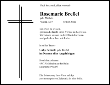 Traueranzeige von Rosemarie Breßel von Tageszeitung
