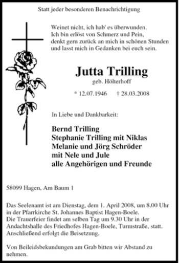Traueranzeige von Jutta Trilling von Tageszeitung