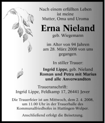 Traueranzeige von Erna Nieland von Tageszeitung