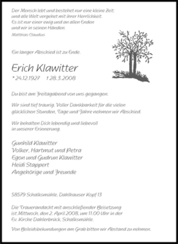 Traueranzeige von Erich Klawitter von Tageszeitung