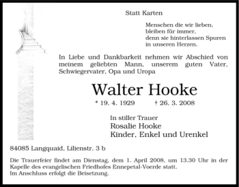 Traueranzeige von Walter Hooke von Tageszeitung