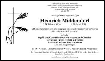 Traueranzeige von Heinrich Middendorf von Tageszeitung