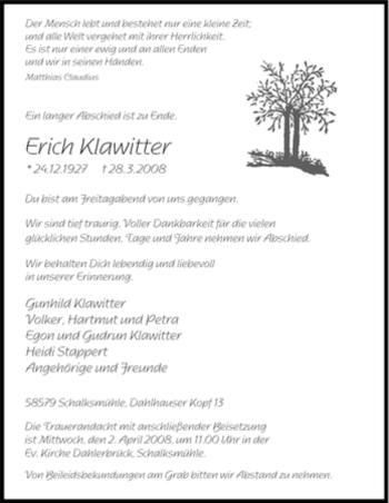 Traueranzeige von Erich Klawitter von Tageszeitung