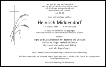 Traueranzeige von Heinrich Middendorf von Tageszeitung
