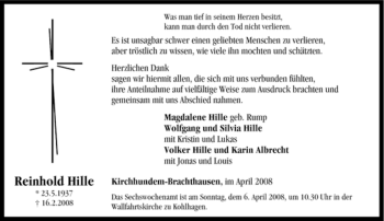 Traueranzeige von Reinhold Hille von Tageszeitung