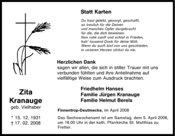Traueranzeige von Zita Kranauge von Tageszeitung