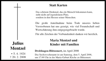Traueranzeige von Julius Mentzel von Tageszeitung