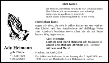 Traueranzeige von Ady Heimann von Tageszeitung