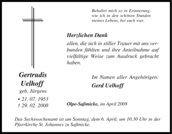 Traueranzeige von Gertrudis Uelhoff von Tageszeitung