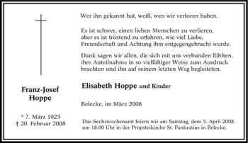 Traueranzeige von Franz-Josef Hoppe von Tageszeitung