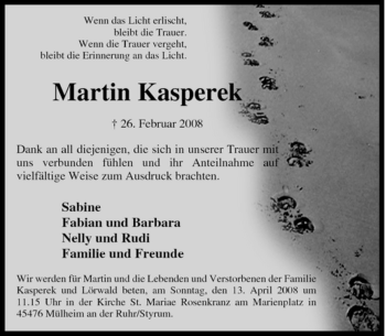 Traueranzeige von Martin Kasperek von Tageszeitung