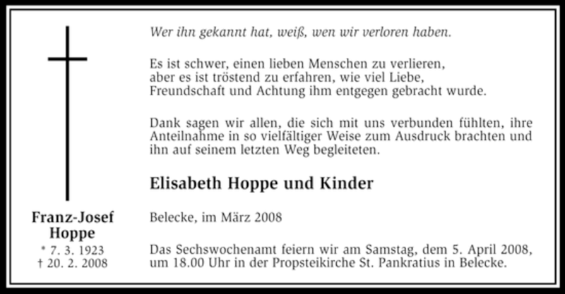  Traueranzeige für Franz-Josef Hoppe vom 01.04.2008 aus Tageszeitung