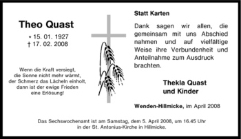 Traueranzeige von Theo Quast von Tageszeitung