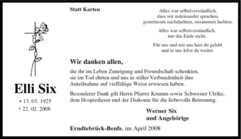 Traueranzeige von Elli Six von Tageszeitung
