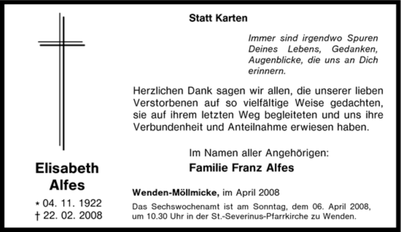  Traueranzeige für Elisabeth Alfes vom 02.04.2008 aus Tageszeitung