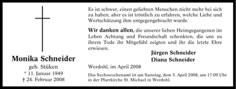  Traueranzeige für Monika Schneider vom 02.04.2008 aus Tageszeitung