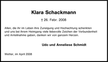 Traueranzeige von Klara Schackmann von Tageszeitung