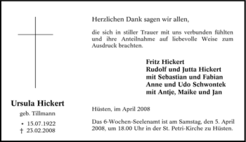 Traueranzeige von Ursula Hickert von Tageszeitung