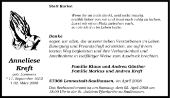 Traueranzeige von Anneliese Kreft von Tageszeitung