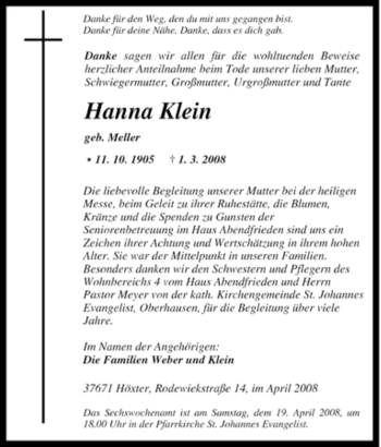 Traueranzeige von Hanna Klein von Tageszeitung