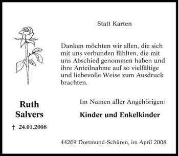 Traueranzeige von Ruth Salvers von Tageszeitung