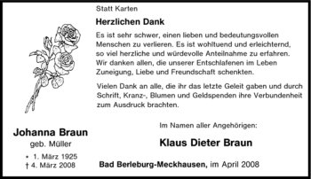 Traueranzeige von Johanna Braun von Tageszeitung