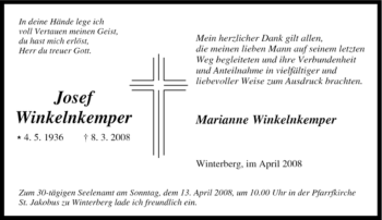 Traueranzeige von Josef Winkelnkemper von Tageszeitung