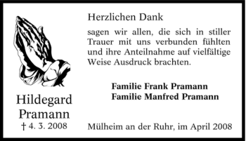 Traueranzeige von Hildegard Pramann von Tageszeitung