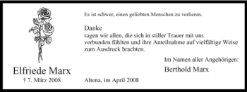 Traueranzeige von Elfriede Marx von Tageszeitung