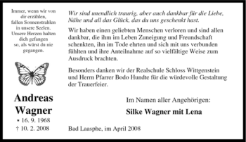 Traueranzeige von Andreas Wagner von Tageszeitung