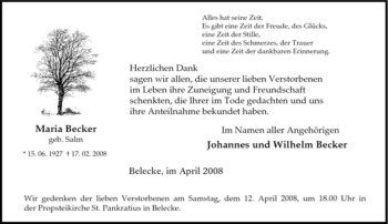Traueranzeige von Maria Becker von Tageszeitung