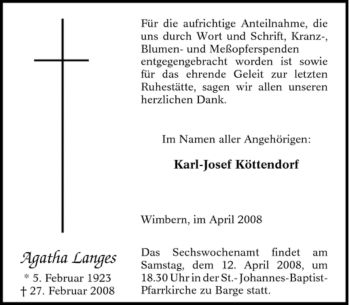 Traueranzeige von Agatha Langes von Tageszeitung