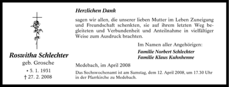  Traueranzeige für Roswitha Schlechter vom 05.04.2008 aus Tageszeitung