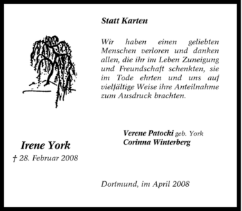 Traueranzeige von Irene York von Tageszeitung