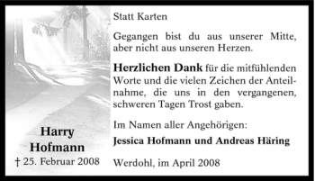 Traueranzeige von Harry Hofmann von Tageszeitung