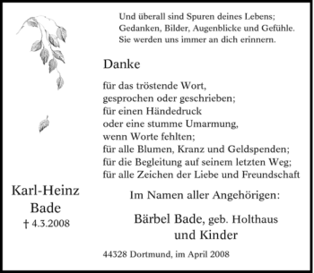 Traueranzeige von Karl-Heinz Bade von Tageszeitung