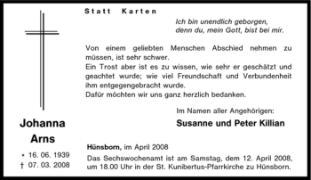 Traueranzeige von Johanna Arns von Tageszeitung
