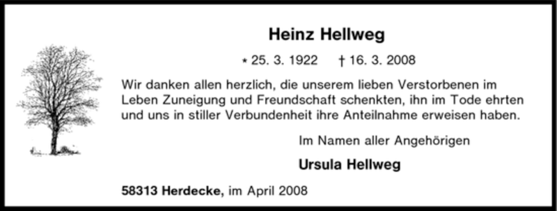  Traueranzeige für Heinz Hellweg vom 05.04.2008 aus Tageszeitung
