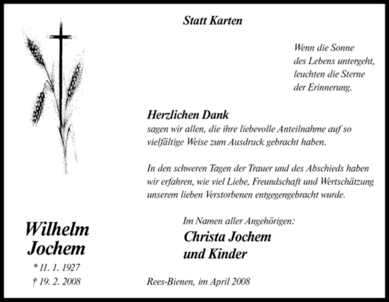  Traueranzeige für Wilhelm Jochem vom 05.04.2008 aus Tageszeitung
