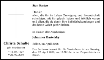 Traueranzeige von Christa Schulte von Tageszeitung