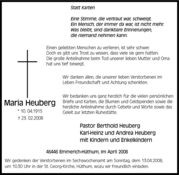 Traueranzeige von Maria Heuberg von Tageszeitung