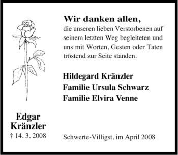 Traueranzeige von Edgar Kränzler von Tageszeitung