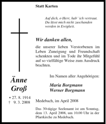 Traueranzeige von Änne Groß von Tageszeitung