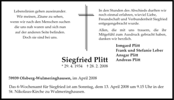 Traueranzeige von Siegfried Plitt von Tageszeitung