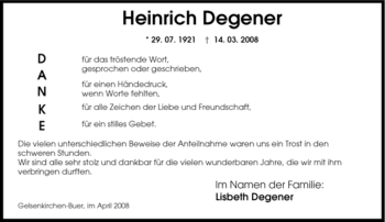 Traueranzeige von Heinrich Degener von Tageszeitung