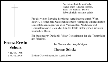 Traueranzeige von Franz-Erwin Schulz von Tageszeitung