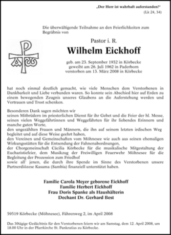 Traueranzeige von Wilhelm Eickhoff von Tageszeitung